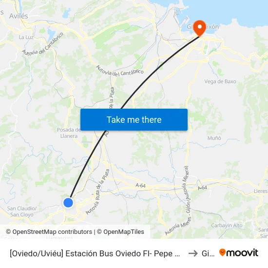 [Oviedo/Uviéu]  Estación Bus Oviedo Fl- Pepe Cosmen [Cta 01549] to Gijón map