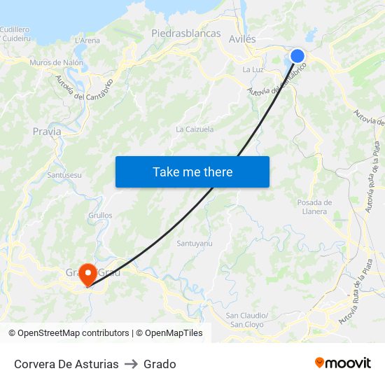 Corvera De Asturias to Grado map