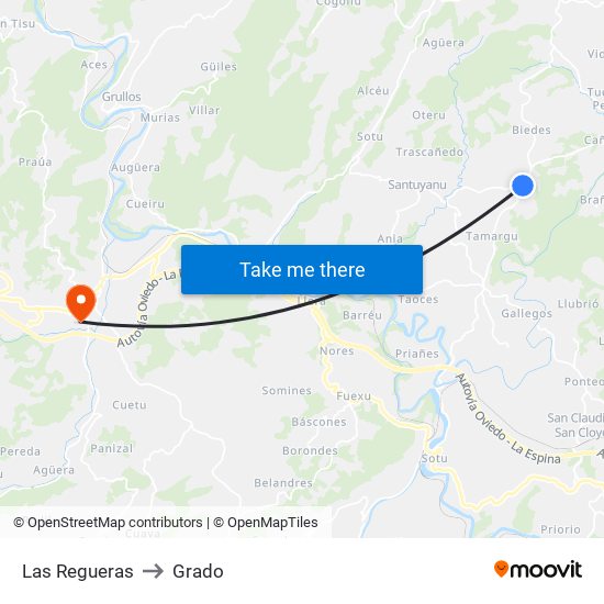 Las Regueras to Grado map
