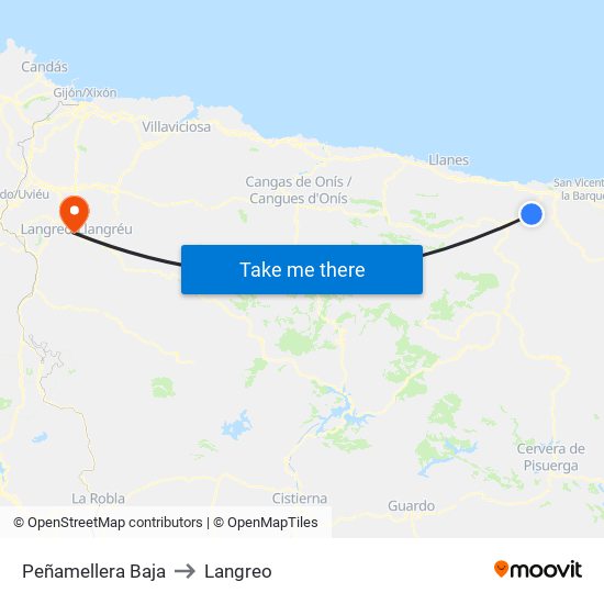 Peñamellera Baja to Langreo map