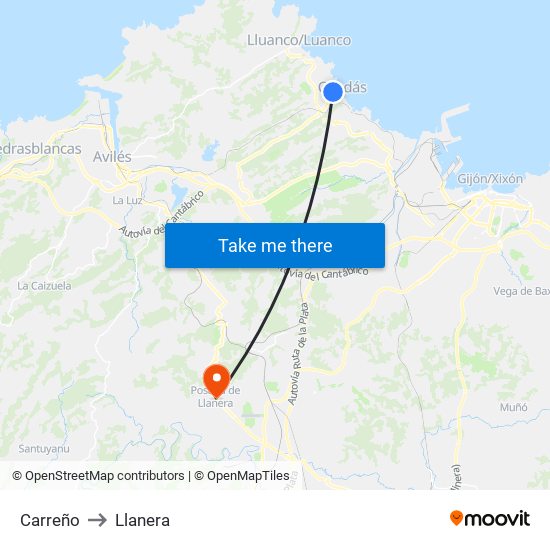 Carreño to Llanera map