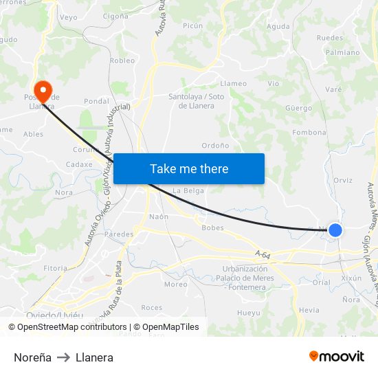 Noreña to Llanera map