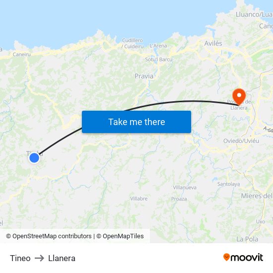 Tineo to Llanera map