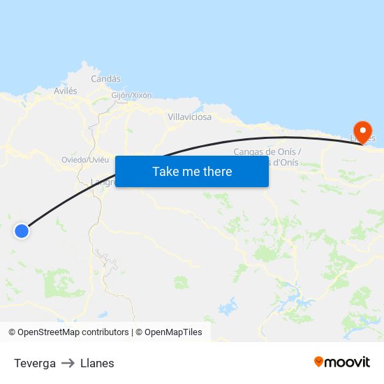 Teverga to Llanes map