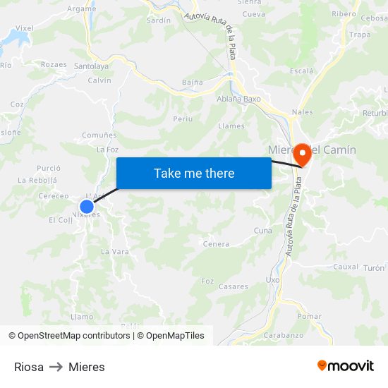 Riosa to Mieres map