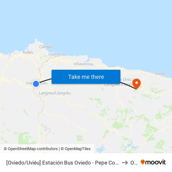 [Oviedo/Uviéu]  Estación Bus Oviedo - Pepe Cosmen [Cta 01549] to Onís map