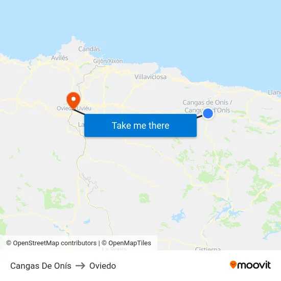 Cangas De Onís to Oviedo map