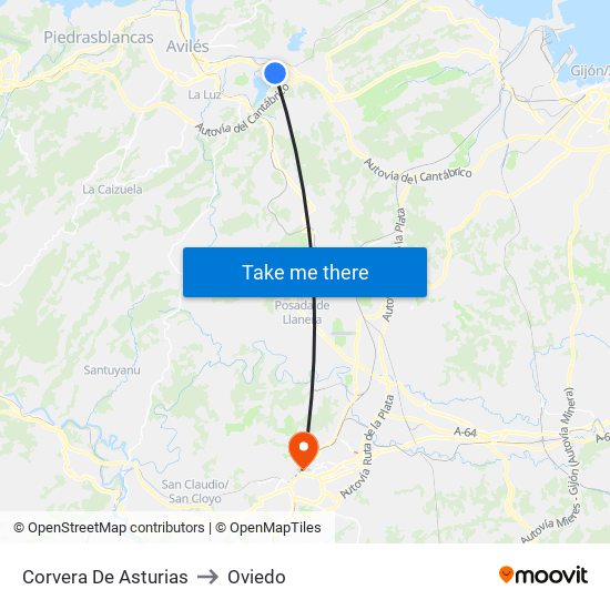 Corvera De Asturias to Oviedo map