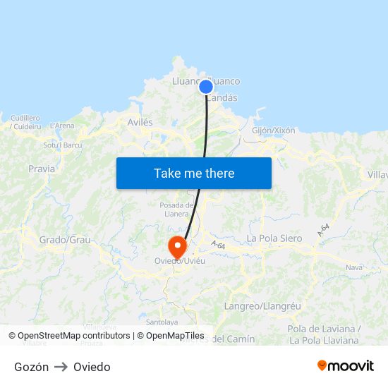 Gozón to Oviedo map