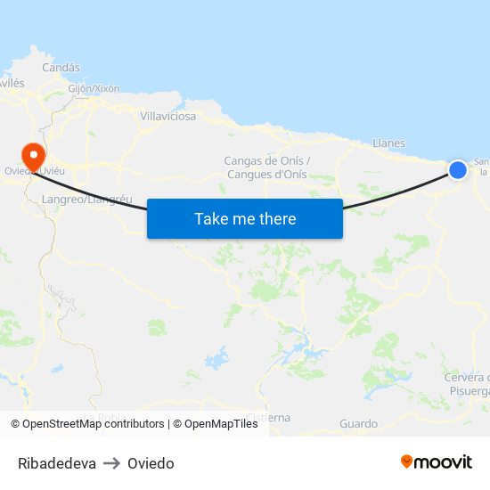 Ribadedeva to Oviedo map