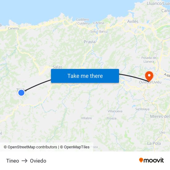 Tineo to Oviedo map