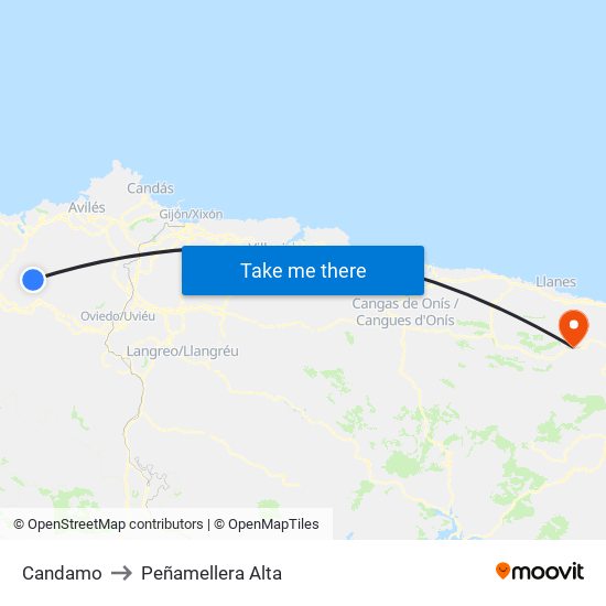 Candamo to Peñamellera Alta map