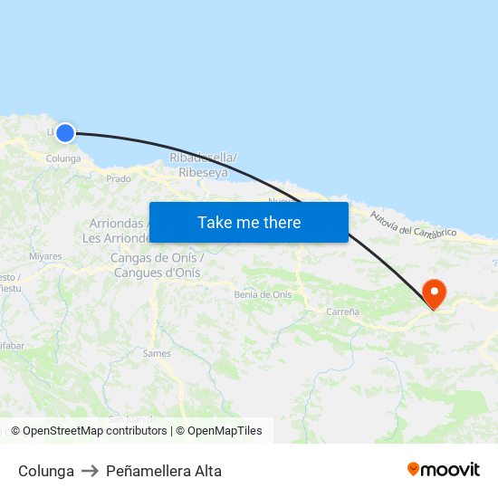 Colunga to Peñamellera Alta map