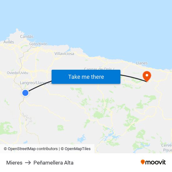 Mieres to Peñamellera Alta map
