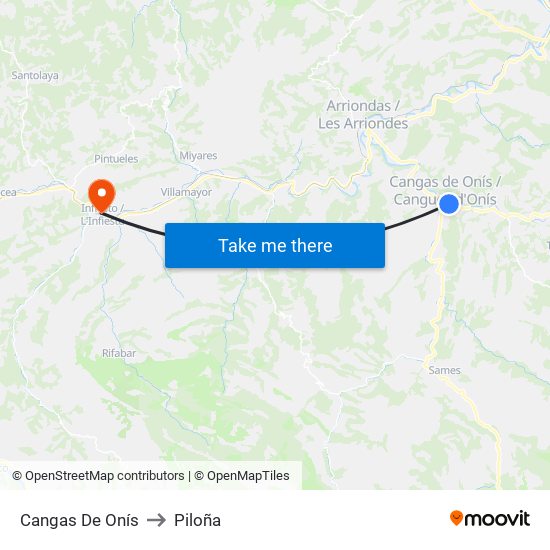 Cangas De Onís to Piloña map