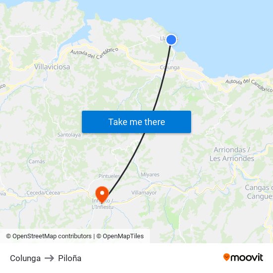 Colunga to Piloña map