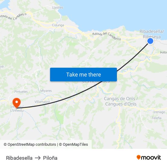 Ribadesella to Piloña map