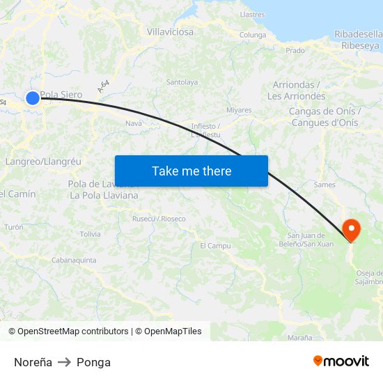 Noreña to Ponga map