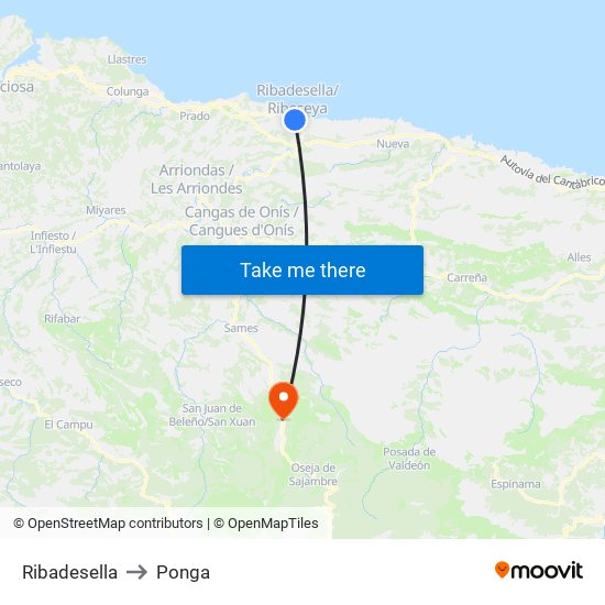 Ribadesella to Ponga map