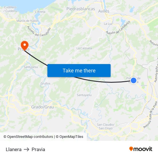 Llanera to Pravia map