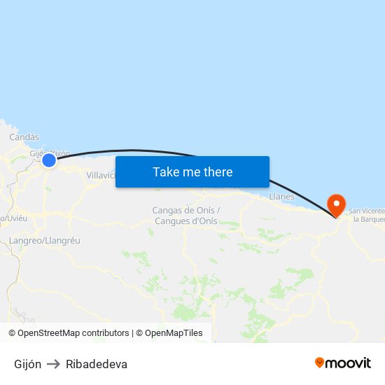 Gijón to Ribadedeva map