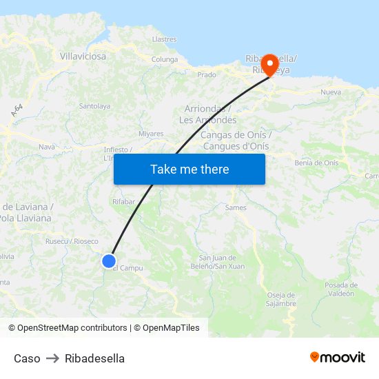 Caso to Ribadesella map