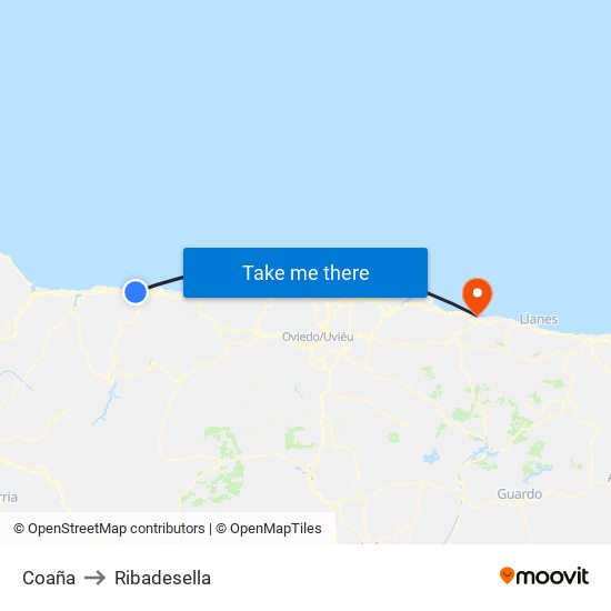 Coaña to Ribadesella map
