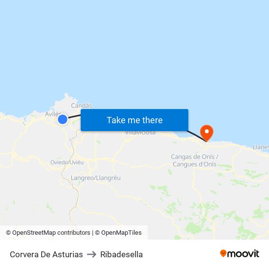 Corvera De Asturias to Ribadesella map
