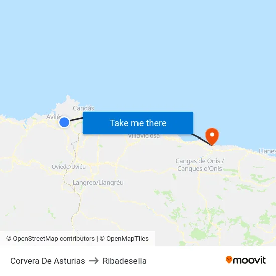 Corvera De Asturias to Ribadesella map