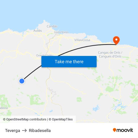 Teverga to Ribadesella map