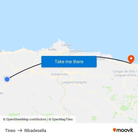 Tineo to Ribadesella map