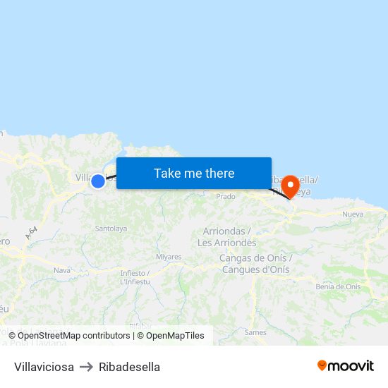Villaviciosa to Ribadesella map