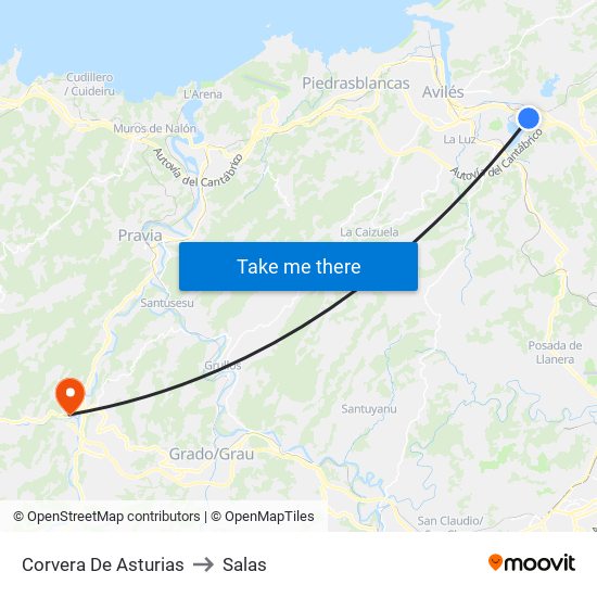 Corvera De Asturias to Salas map