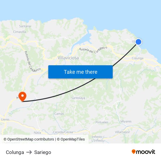 Colunga to Sariego map