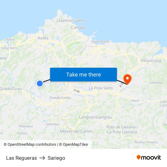 Las Regueras to Sariego map