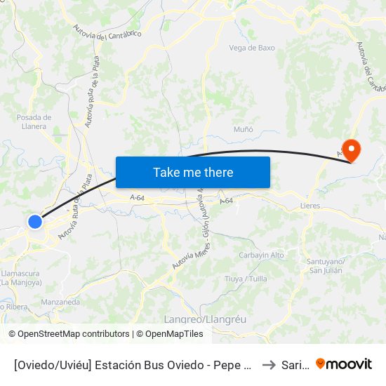[Oviedo/Uviéu]  Estación Bus Oviedo - Pepe Cosmen [Cta 01549] to Sariego map
