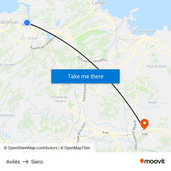 Avilés to Siero map