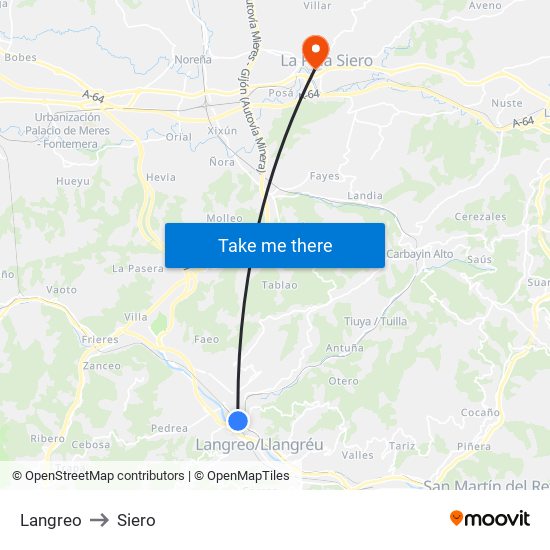 Langreo to Siero map