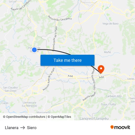 Llanera to Siero map