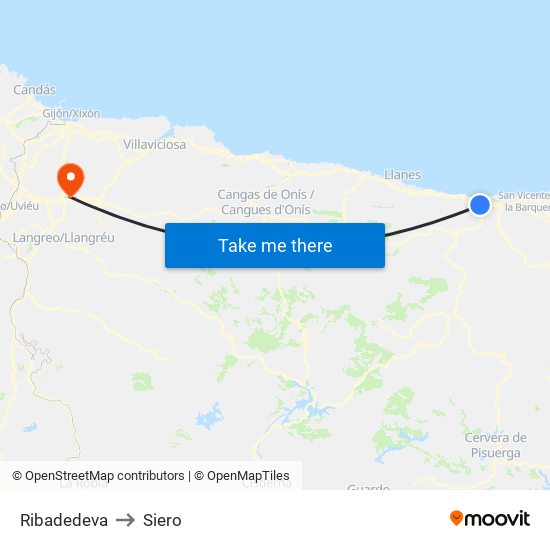 Ribadedeva to Siero map
