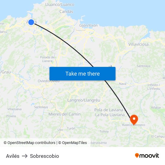 Avilés to Sobrescobio map