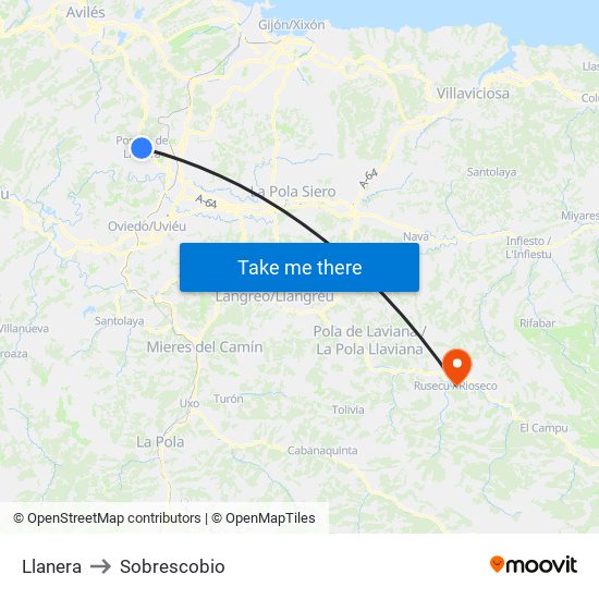 Llanera to Sobrescobio map