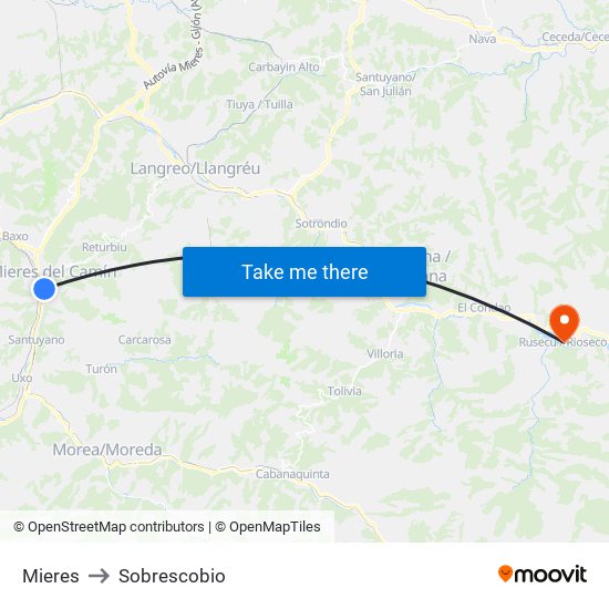 Mieres to Sobrescobio map