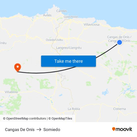 Cangas De Onís to Somiedo map