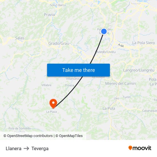 Llanera to Teverga map