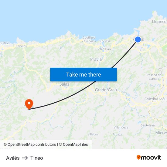 Avilés to Tineo map