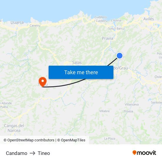 Candamo to Tineo map