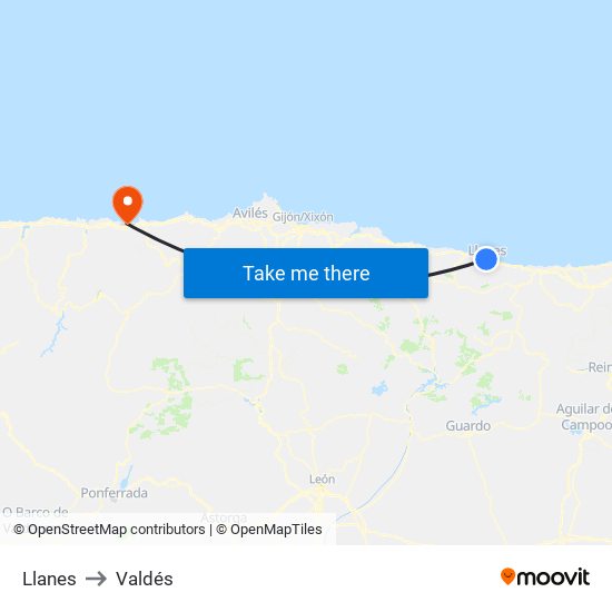 Llanes to Valdés map