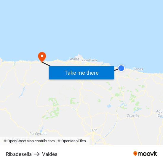 Ribadesella to Valdés map