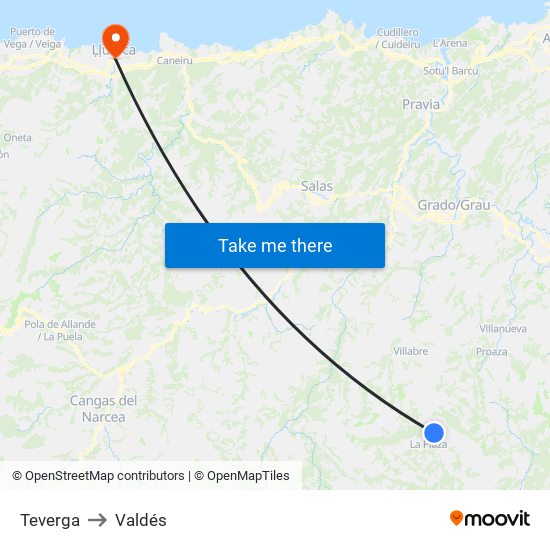 Teverga to Valdés map